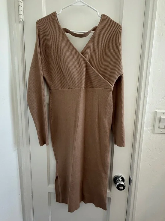 V-Neck Belted Maternity Sweater Dress in Taupe - Picture 5 of 8